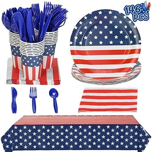 4th of July American Flag Party Supplies，146 pcs Patriotic Party Supplies Includes Tablecloths,... | Amazon (US)