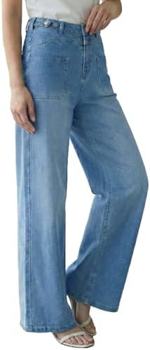 Arach&Cloz Womens Lyocell Cotton Denim Adjustable Waist Stretchy Spring Wide Leg Jeans | Amazon (US)
