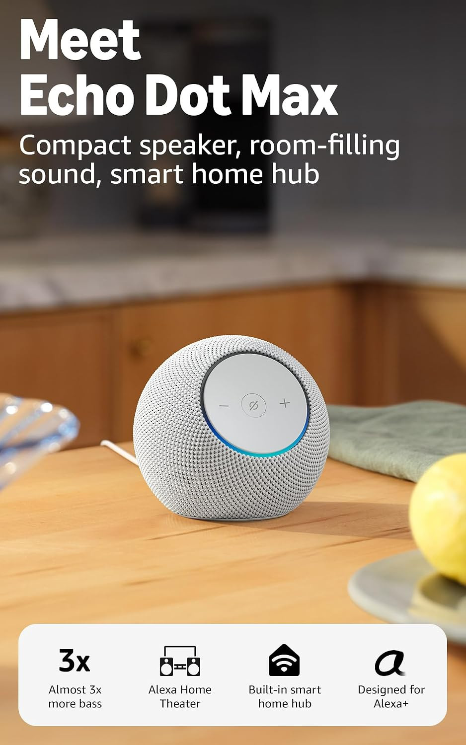 Amazon Echo Dot Max (newest model), Alexa speaker with room-filling sound and nearly 3x bass, Great for living rooms and medium-sized spaces, Designed for Alexa+, Glacier White | Amazon (US)
