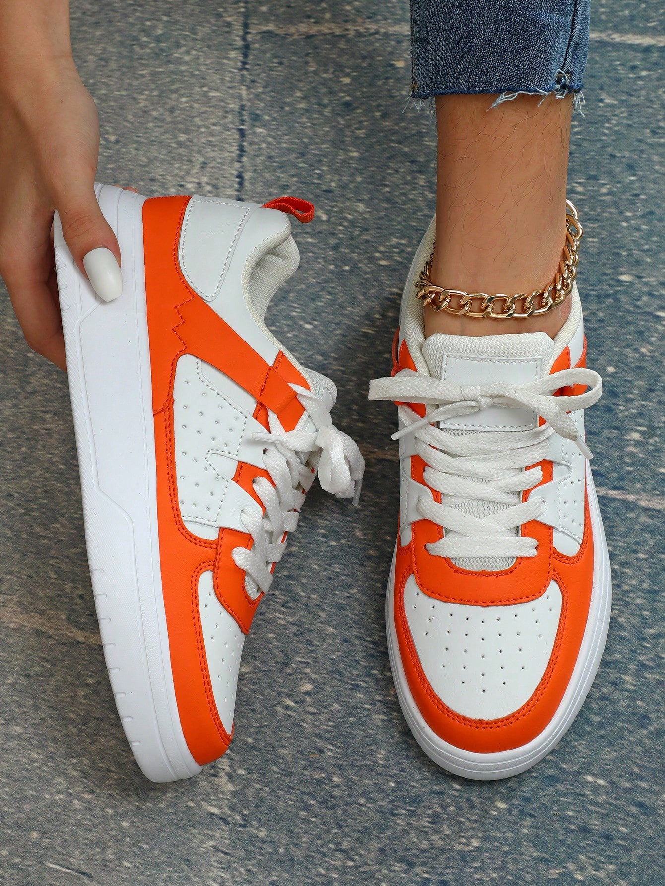 White & Orange Casual Lightweight Comfortable Sneakers For Men And Women, Suitable For Commute An... | SHEIN