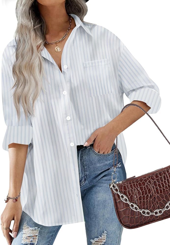 HOTOUCH Women Button Down Shirts Office Drop Shoulder Oversized Blouse Long Sleeve Boyfriend Dres... | Amazon (US)