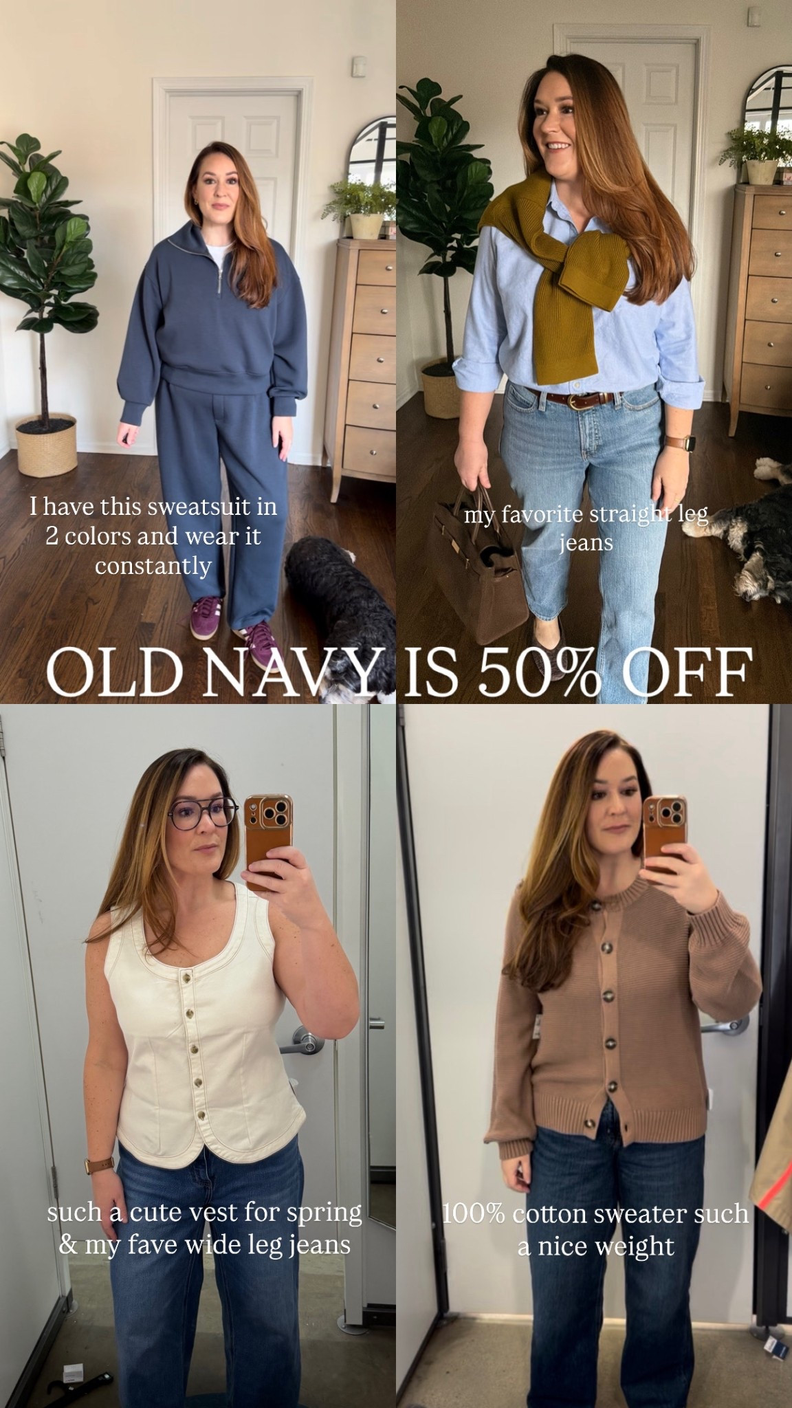 Some of my favorites from Old Navy while everything is 50% off!

Jeans- 12P
Vest- Large
Cotton sweater- Large
Half Zip- Large
Barrel sweat pants- large
