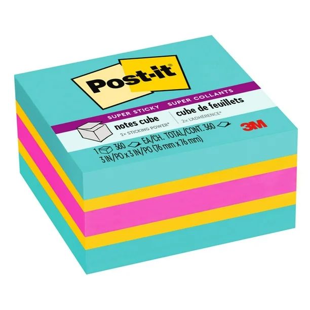 Post-it Super Sticky Notes Cube, 3 in x 3 in, Bright Colors, 1 Cube | Walmart (US)