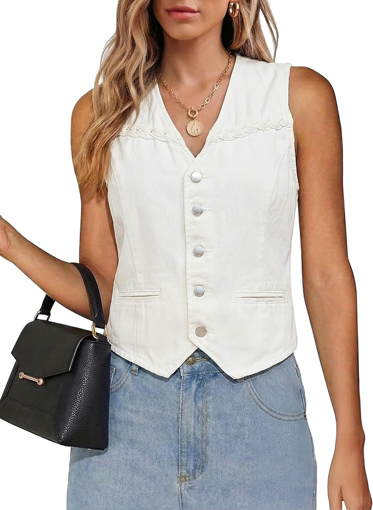 luvamia Denim Vest Women Trendy Button Down Braided Adjustable Waist Western Casual Sleeveless Je... | Amazon (US)