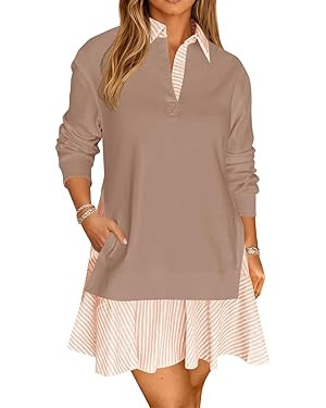 Wenrine Womens Oversized Sweatshirt Dress Casual Long Sleeve Collared V Neck Patchwork Loose Mini... | Amazon (US)