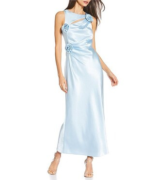Cheyanne Satin 3D Rosettes Cutout Round Neck Sleeveless Ruched Slip Maxi Dress | Dillard's