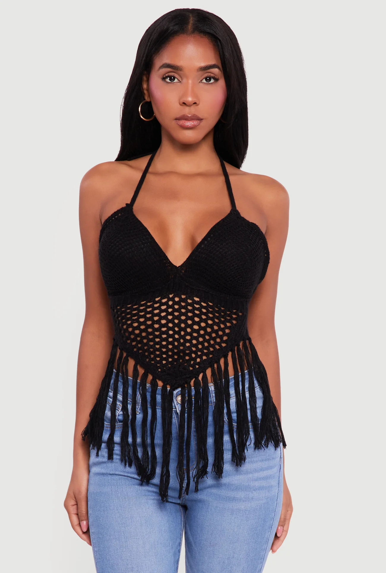 Crochet Tie Back Fringe Halter Top | Rainbow Shops