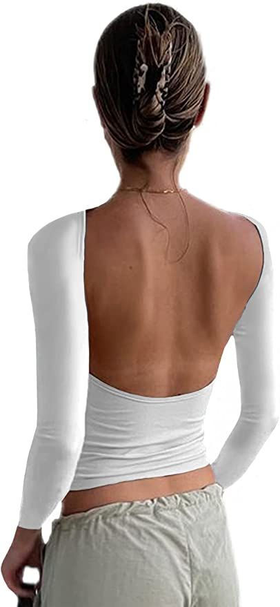 Women's Backless T-Shirts Y2K Crop Top Solid Casual Sleeveless Sexy Vintage Cut Out 2022 Summer F... | Amazon (US)