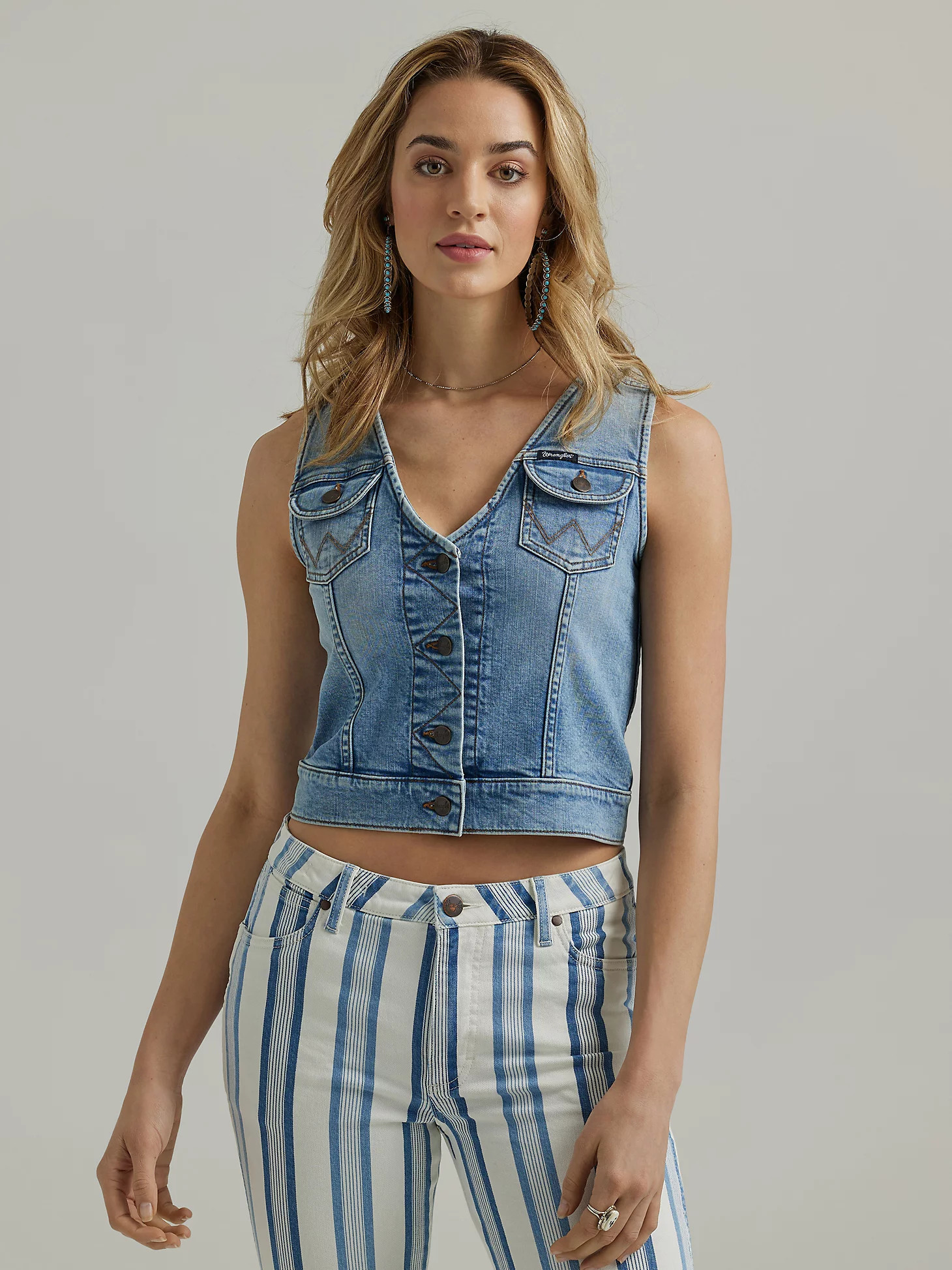 Women's Wrangler Western Denim Vest Shirt in Blue | Wrangler