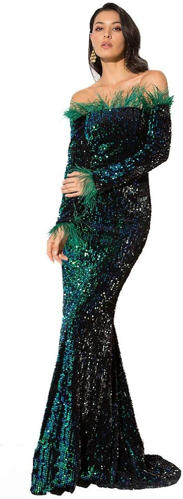 Romagic Off Shoulder Feather Long Sleeve Sparkle Sequin Floor Length Evening Party Dress | Amazon (US)
