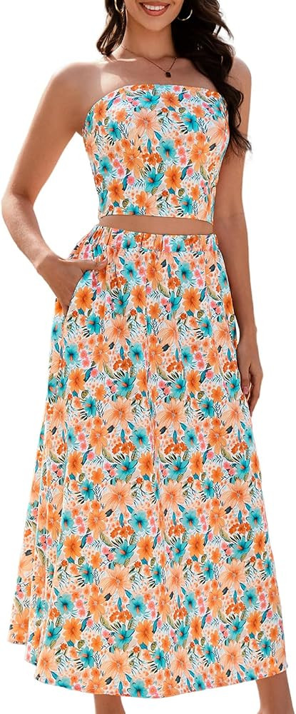 DRESSTELLS Women's Summer 2 Piece Skirt Set, Floral Crop Top and Maxi Boho Sundress Beach Tropica... | Amazon (US)