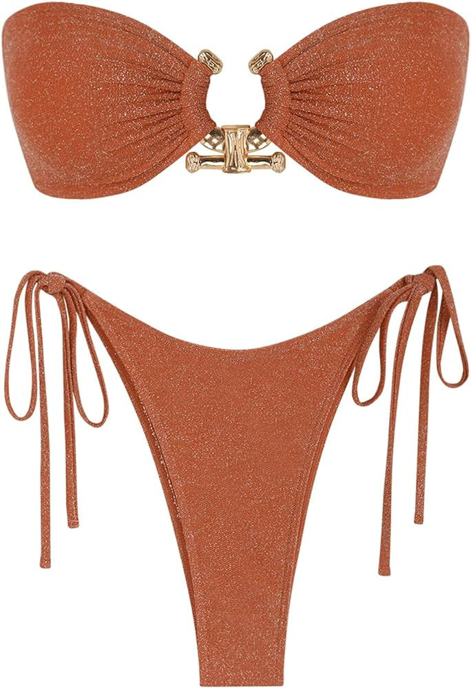 ZAFUL Metal Ring Bandeau Bikini Set Sparkle Metallic Bikini Swimsuit Sparkly Bronze Bikini Swimsuit  | Amazon (US)