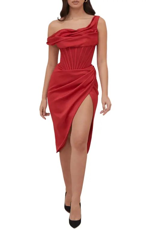 HOUSE OF CB Lulu Corset One-Shoulder Satin Midi Dress in Red at Nordstrom, Size Medium | Nordstrom