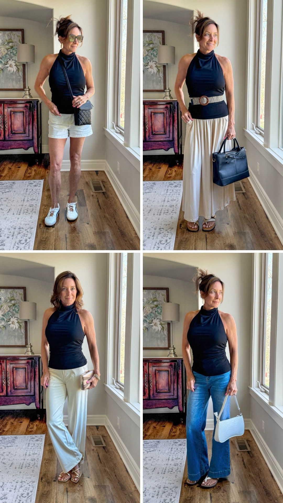 1 mesh lined halter top styled 4 ways, doesn’t wrinkle and very lightweight and travel friendly with its versatility. 

#traveloutfits #blackhalter #summeroutfits