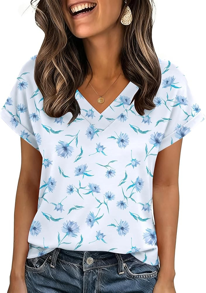 Zeagoo Womens Summer Tops Rolled Short Sleeve V Neck Shirts Casual Dressy Business Work Blouses O... | Amazon (US)