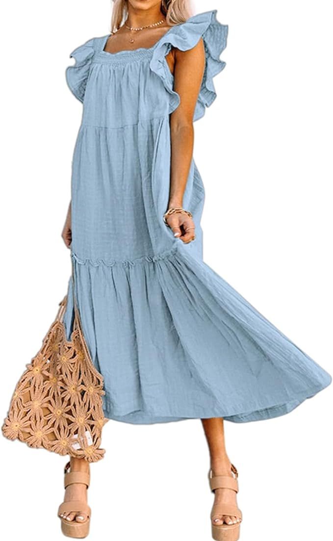 Maxi Dresses for Women 2024 Short Ruffle Puff Sleeve Square Neck Dress Loose Flowy Tiered Swing L... | Amazon (US)