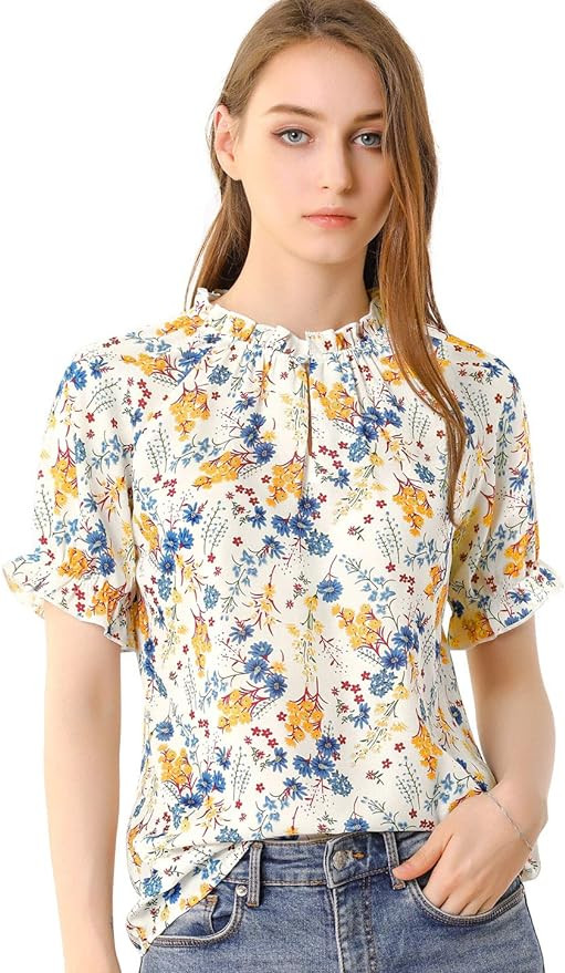 Allegra K Women's Ruffled Short Sleeve Floral Mock Neck Ruffle Summer Top Blouse | Amazon (US)