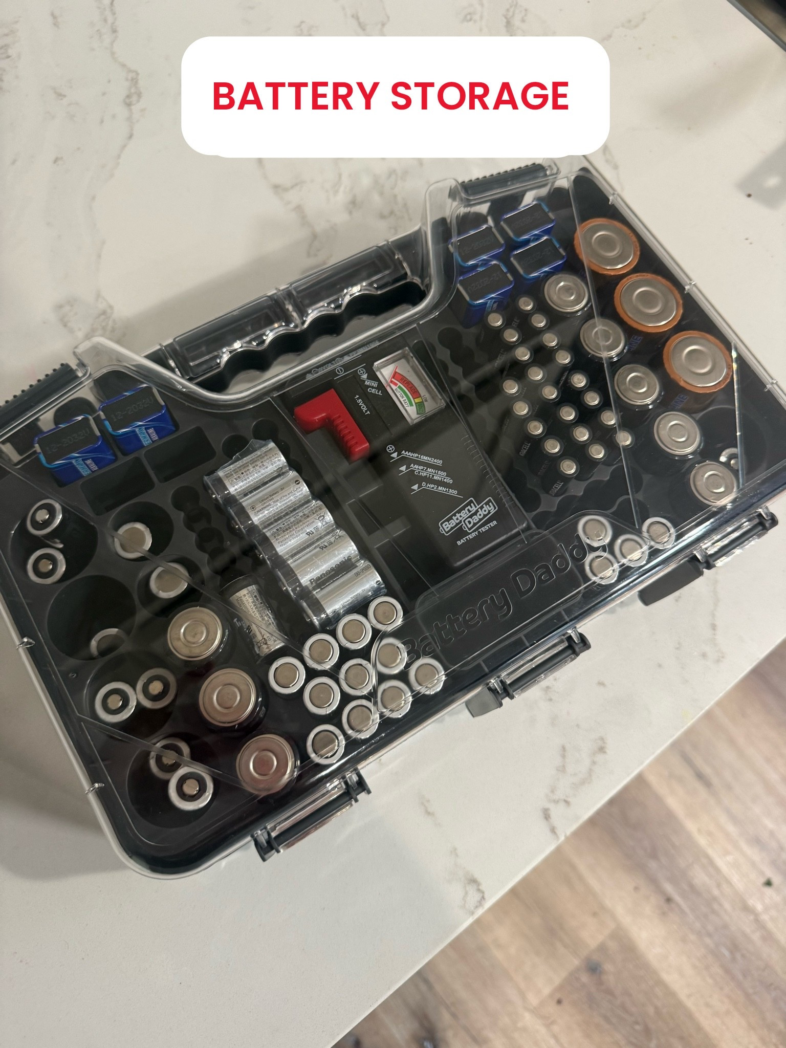 This battery storage caddy helps keep batteries stored safely.