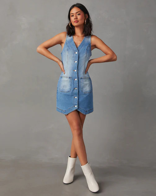 Bobbie Sleeveless Button Down Mini Dress - Denim | VICI
