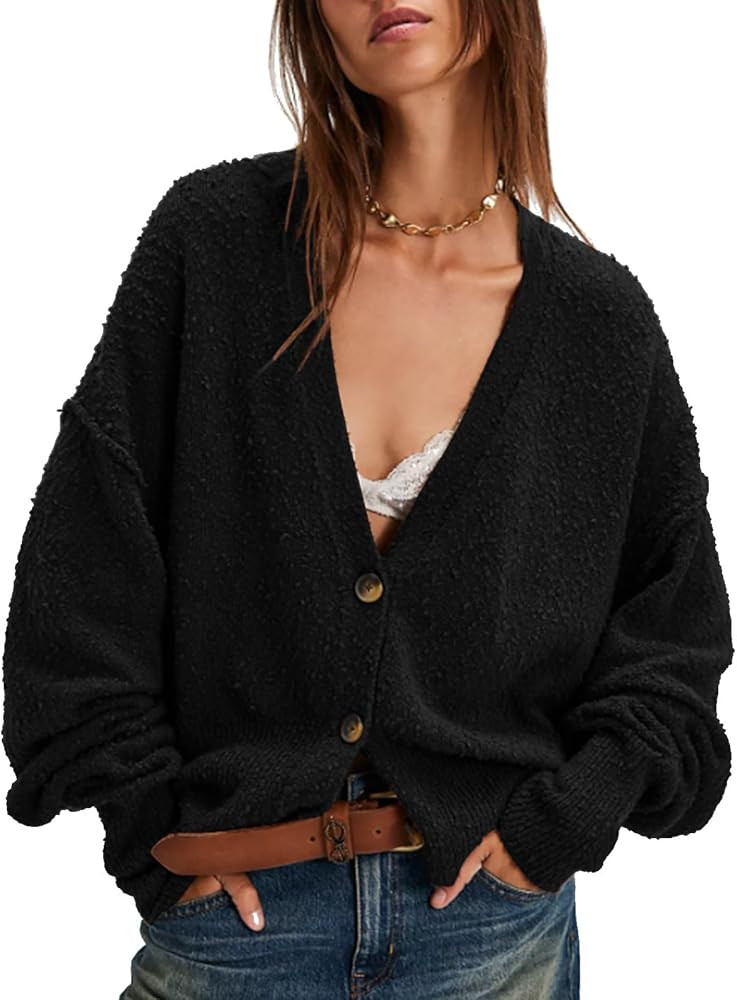 EXLURA Women's Chunky Knit Open Front Sweater Long Sleeve Button V Neck Loose Cardigan Outerwear ... | Amazon (US)