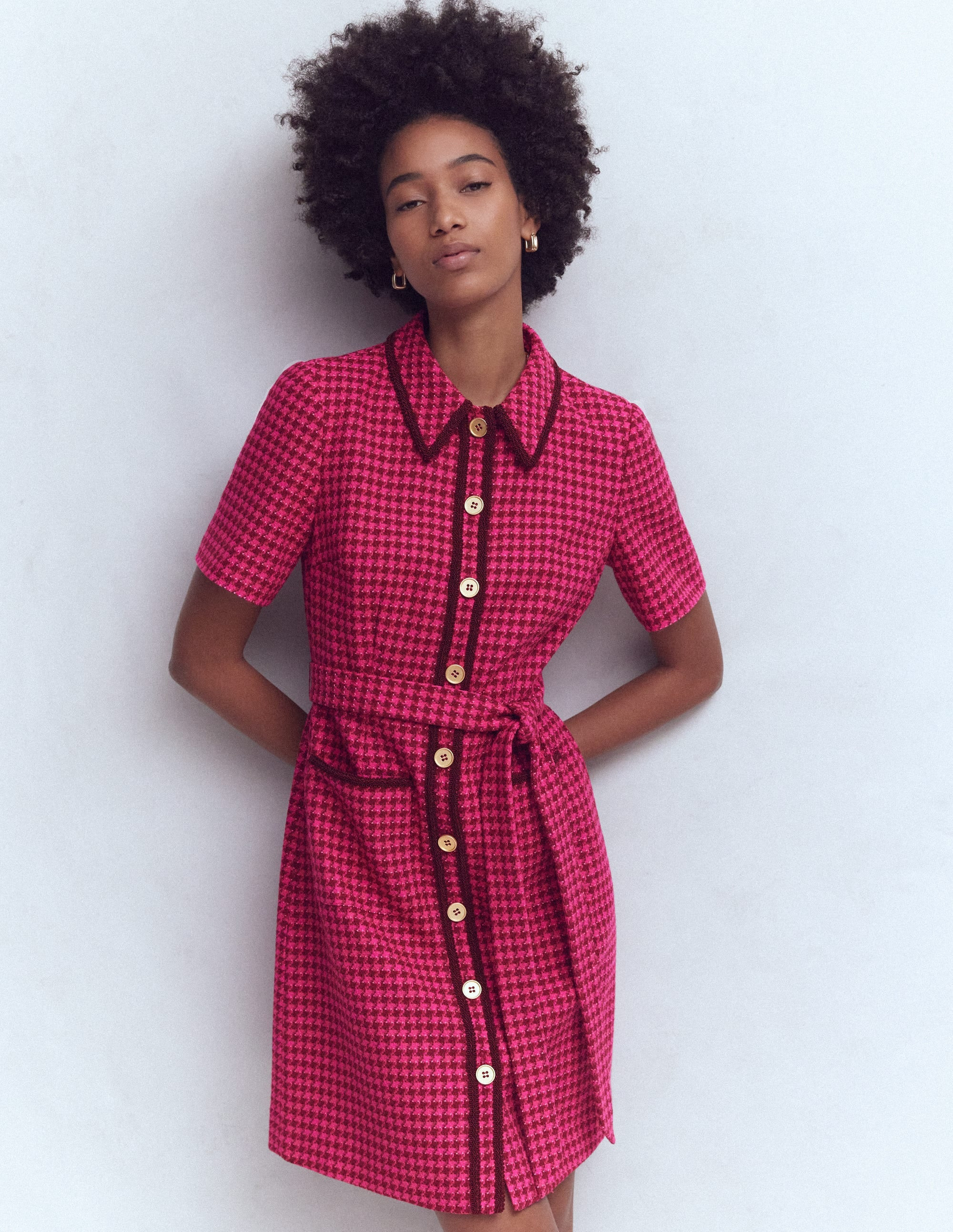 Loren Trim Short Dress-Pink Dogtooth | Boden (US)
