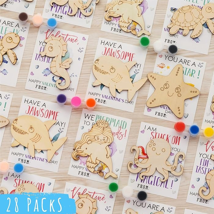 28 PCS Valentines Day Gifts for Kids - Valentines Cards School with Art Supplies Classroom - Sea ... | Amazon (US)