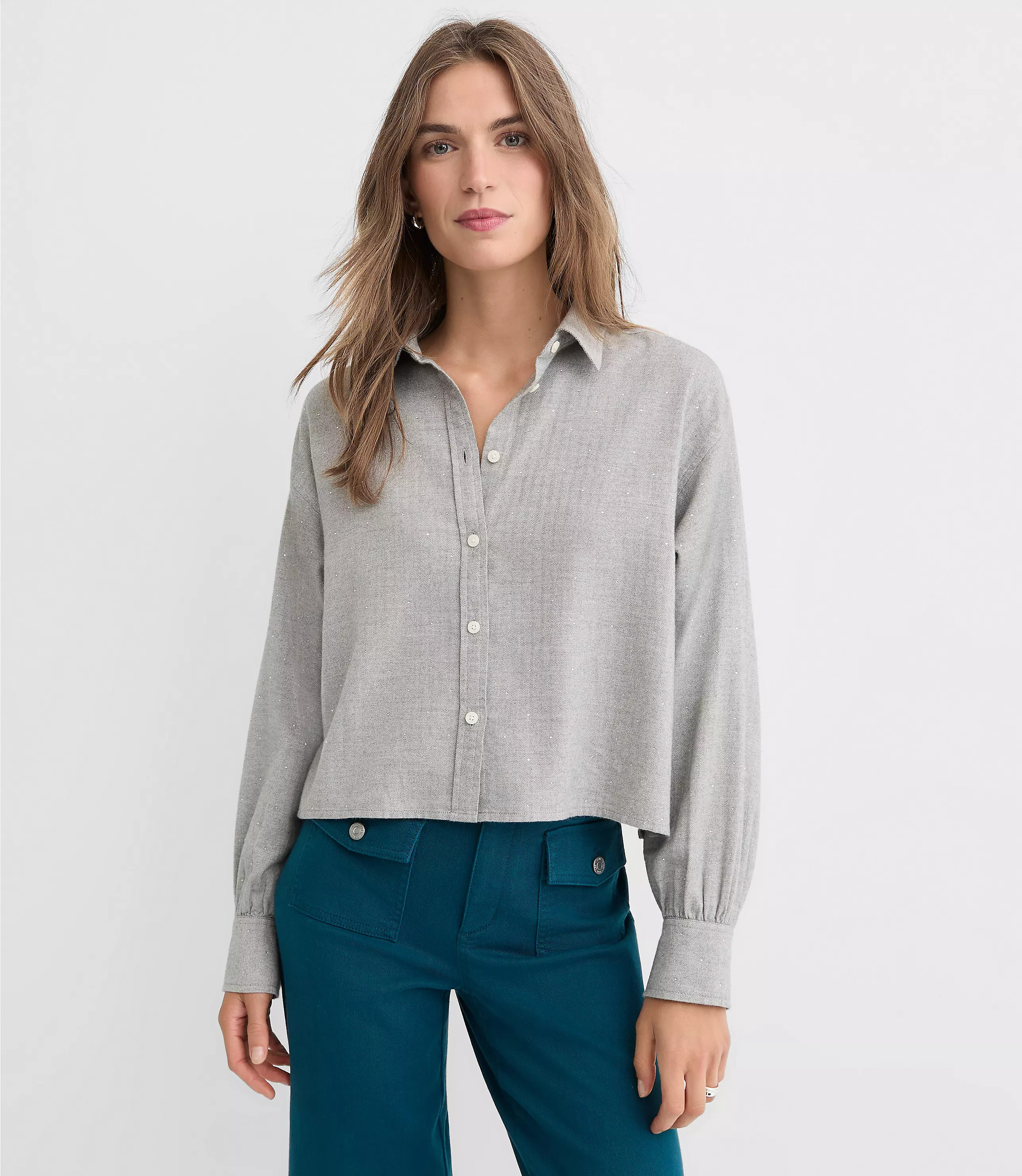 Petite Sparkle Herringbone Modern Everyday Shirt | LOFT