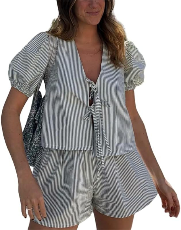 Thopavenoir Women 2 Piece Casual Lounge Sets Y2k Puff Sleeve Peplum Shirt Tie Front Tee Shirt Sho... | Amazon (US)