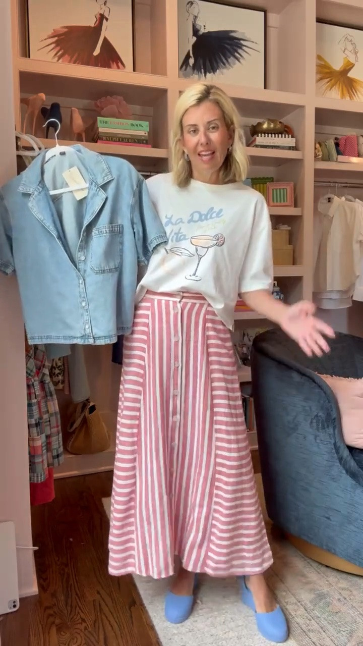 Love this skirt and we are styling it all the ways! Denim top or pair with this graphic tee. 
Tee - small
Skirt & denim top - xs 
Espadrille - 8 tts 

*use Catherine20 for 20% off my bracelets

#LTKdayinmylife #LTKmomlife #LTKOver40