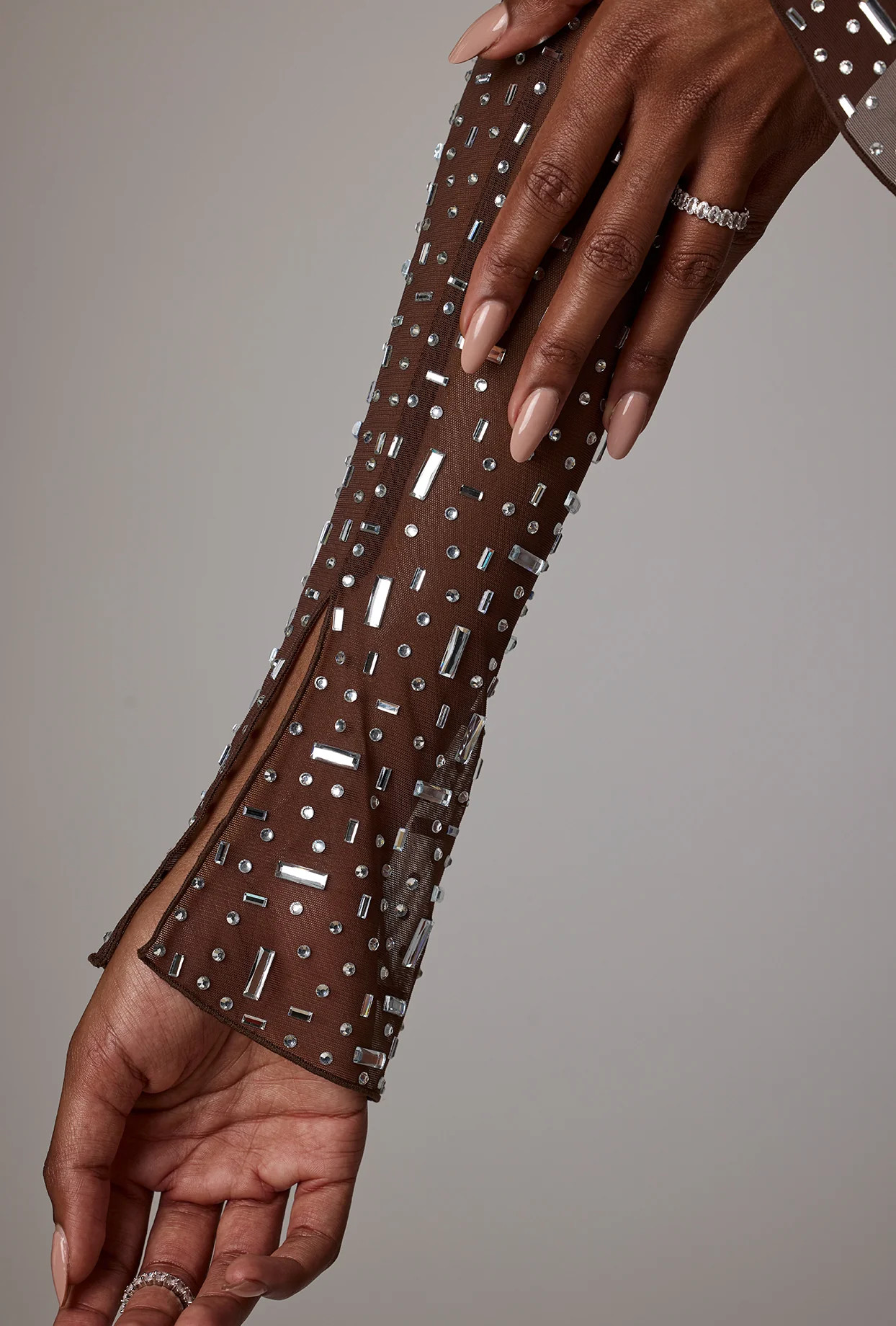 Sheer Embellished Long Sleeve A-Line Mini Dress in Deep Cocoa | Oh Polly
