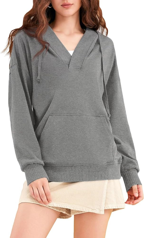 Fisoew Womens Casual Oversized Hoodies V Neck Long Sleeve Loose Pullovers Hooded Sweatshirts Tops... | Amazon (US)