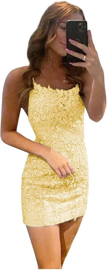 MOZHETE Women's Lace Appliques Homecoming Dresses Tight Open Back Short Prom Dresses Formal Gowns | Amazon (US)