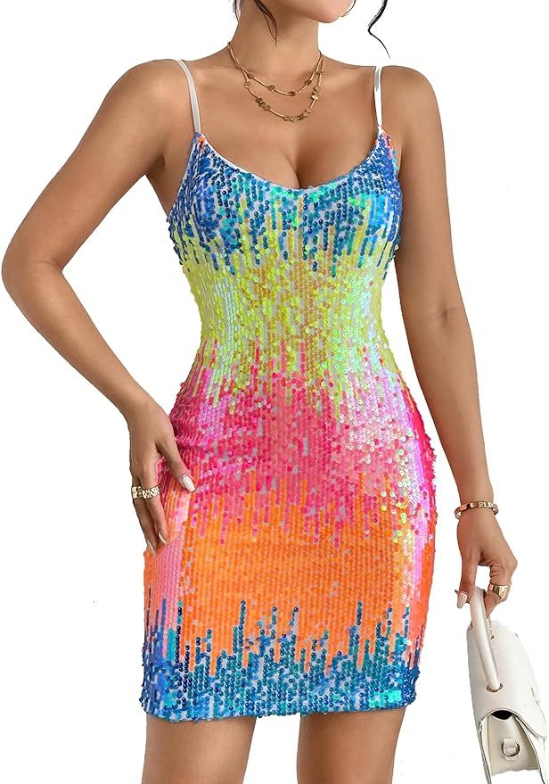Women's Glitter Sequin Dress Adjustable Spaghetti Strap Fashion Sparkle Party Dresses | Amazon (US)