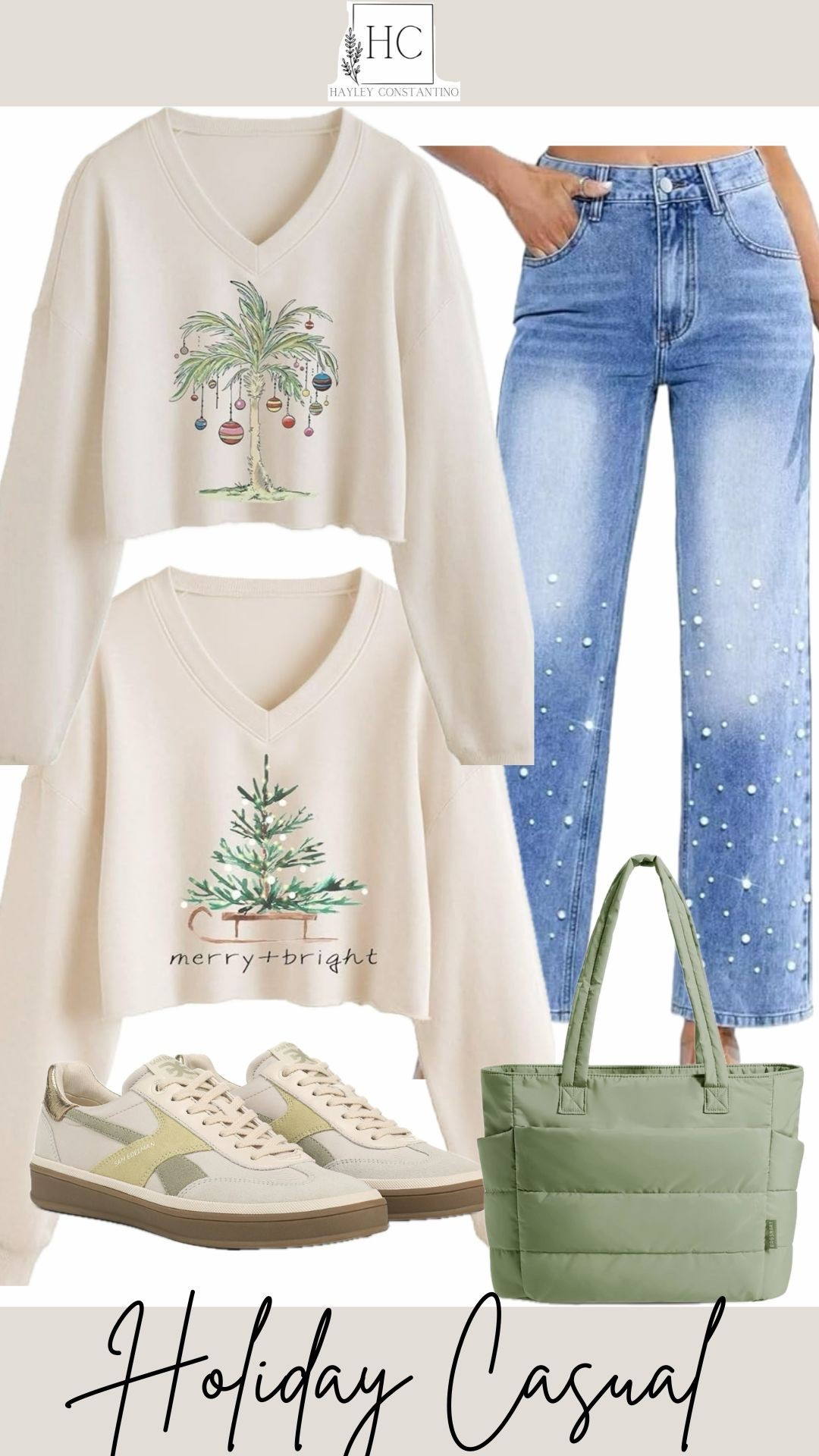 This Holiday Casual outfit is the perfect blend of cozy, cute, and effortlessly festive—made for women who want to feel put-together without trying too hard ✨
Soft neutral tones set the foundation with a relaxed cream V-neck sweatshirt, available in two playful holiday graphics: a whimsical ornament-draped palm tree or a minimalist “merry + bright” Christmas tree. Both designs feel festive yet modern.
The look is styled with light-wash straight-leg jeans accented with subtle pearl detailing, adding just the right amount of sparkle while keeping things casual. Neutral platform sneakers keep it comfortable and on-trend, perfect for long days of shopping, coffee dates, or holiday errands. Finished with a sage green quilted tote, this outfit nails that cozy winter aesthetic with a fresh, youthful twist.
Why you’ll love it:
Cozy, soft fabrics you’ll actually want to live in
Festive graphics that feel chic, not cheesy
Easy to dress up or down for everyday holiday plans
Comfortable enough for all-day wear, cute enough for photos
Perfect for college girls, busy moms, or anyone who loves relaxed holiday style, this is the go-to outfit for staying comfy while still looking effortlessly festive 🎄🤍

#LTKootd #LTKU #LTKHoliday
