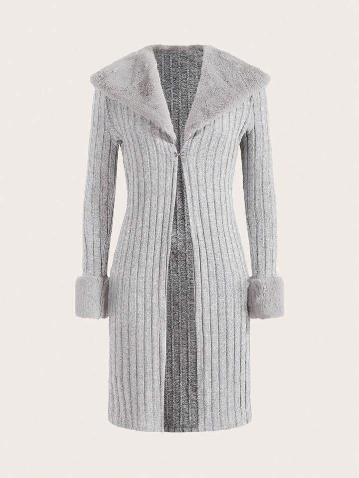 SHEIN EZwear Borg Collar Fuzzy Panel Hook & Eye Front Coat | SHEIN