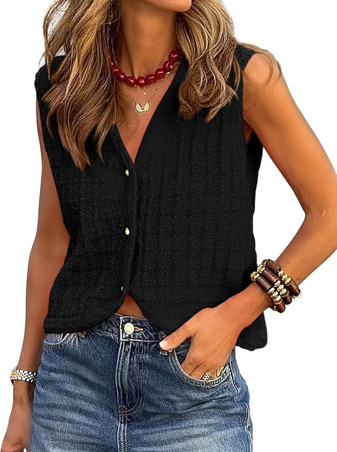 BTFBM Summer Sweater Vest for Women 2025 Sleeveless V Neck Button Up Cardigan Waffle Knit Tank To... | Amazon (US)