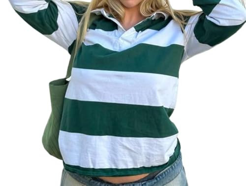 Women Striped Rugby Shirt Y2k Long Sleeve Oversized Polo Sweatshirt Vintage Collared Shirt Pullover Top Streetwear(Retro Green,Small) | Amazon (US)