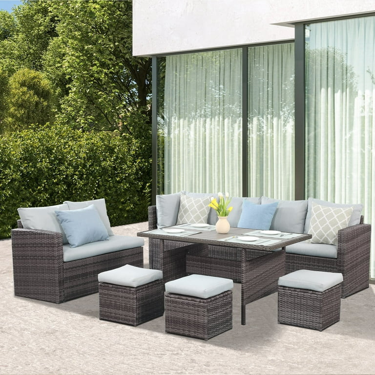 Heynemo 7 Piece Outdoor Conversation Set All Weather Wicker Sectional Sofa Set with Dining Table ... | Walmart (US)