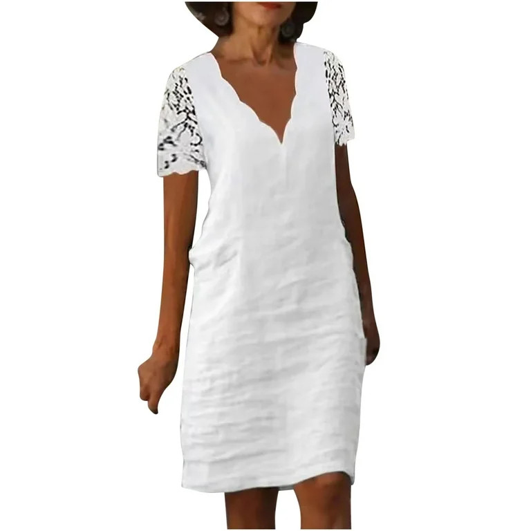 Mchoice Womens Linen Dress Summer Casual Lace Solid Color White Dress Short-sleeved Long Skirt Ma... | Walmart (US)