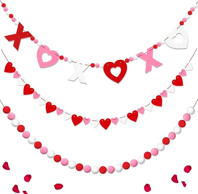 3Pcs Valentine’s Day Garland Felt Ball Garland 10ft Red Pink White Pompom Heart XOXO Banner for... | Amazon (US)