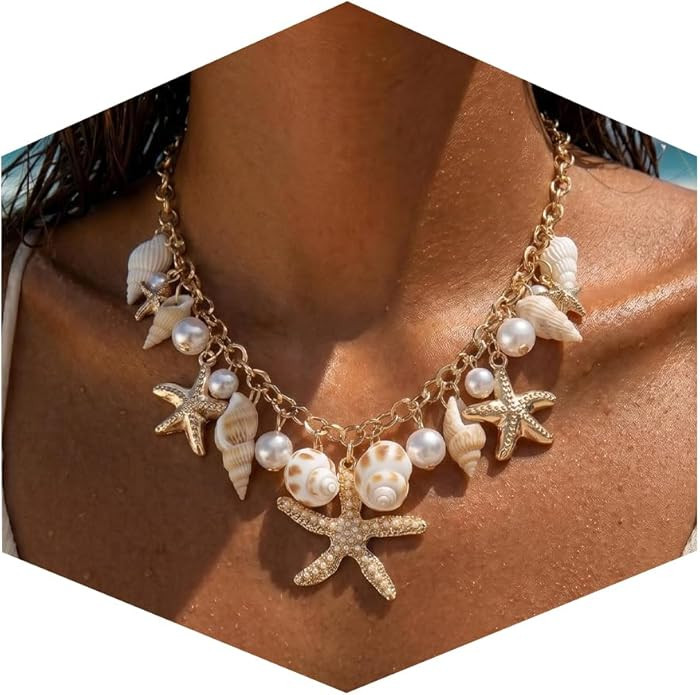 Shell Starfish Necklace for Women Gold Tone Layered Beach Jewelry Pearl Seashell Charm Adjustable... | Amazon (US)