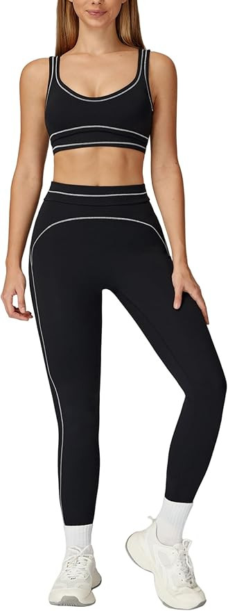 Women 2 Piece Workout U Back Color Block Sports Bra High Waist Tummy Control Active Leggings Yoga... | Amazon (US)
