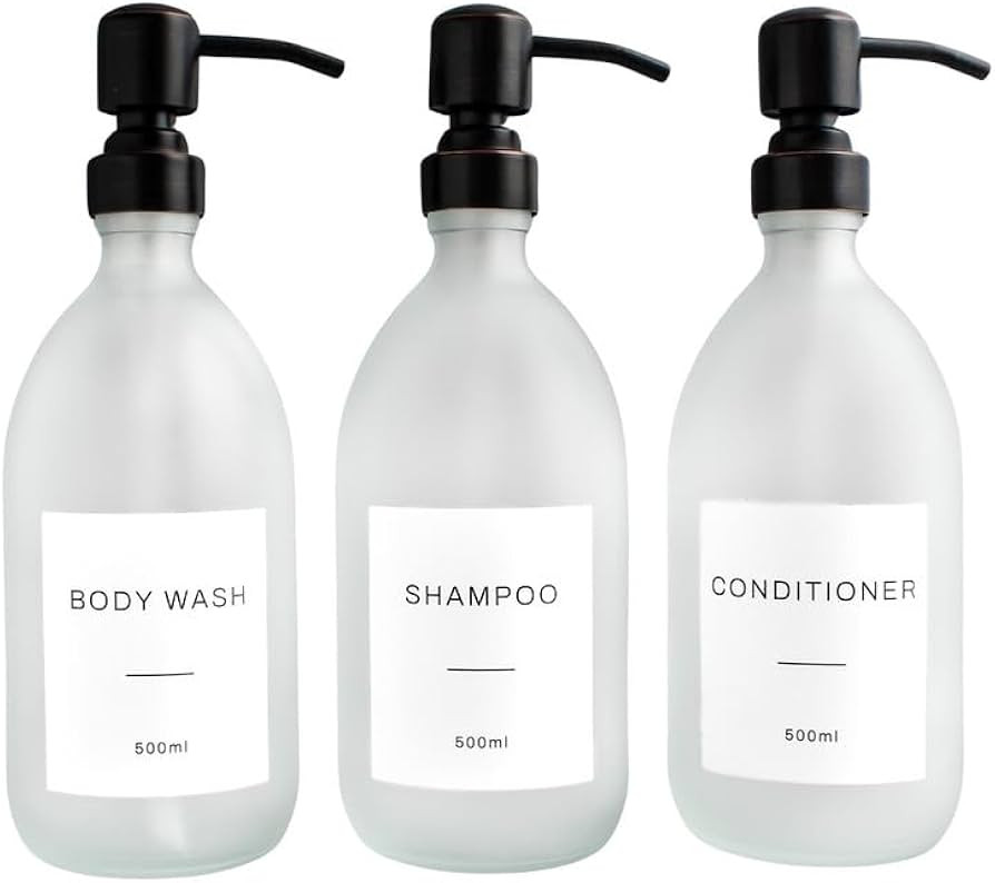Three Pack Body Wash, Shampoo & Conditioner Frosted White Bottle Set Of 3 - Refillable Liquid Dis... | Amazon (UK)