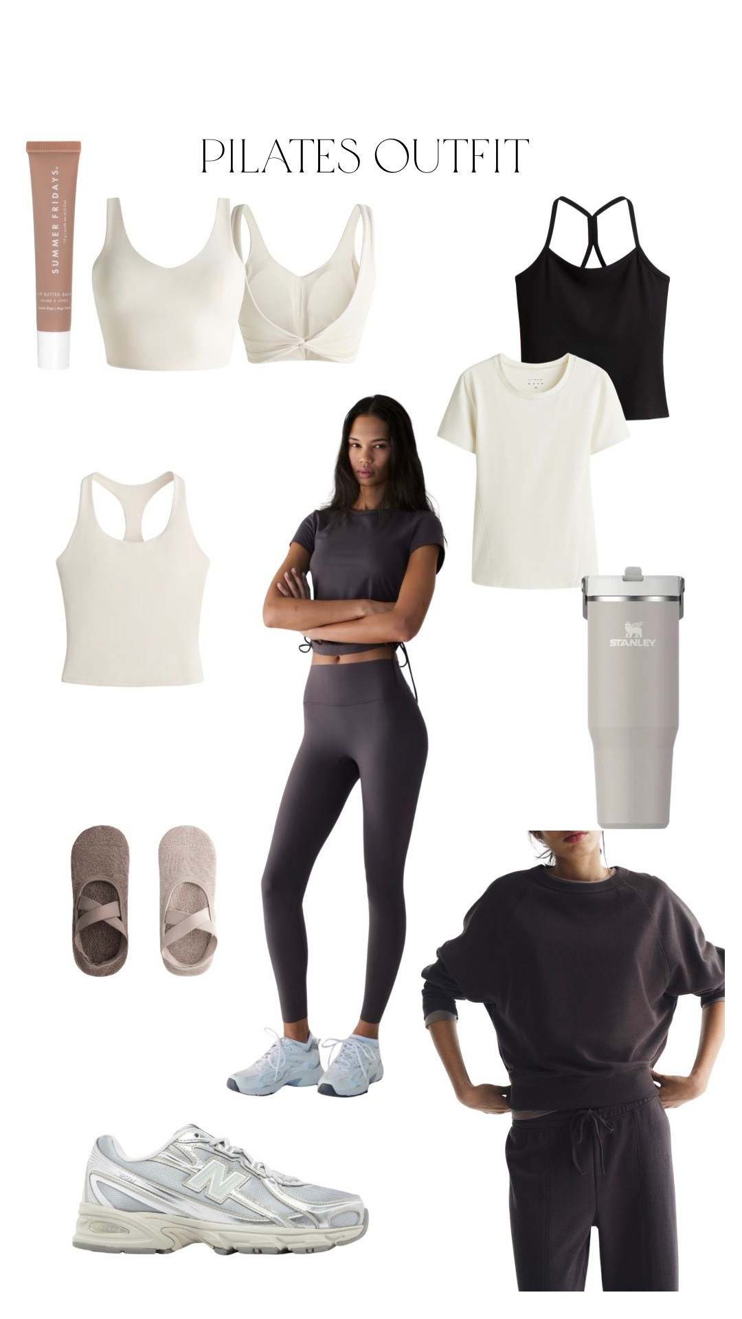 Pilates outfit. Love the emulate socks and I have the Stanley cup in white but love this grey colour. The leggings are in shade truffle grey. Goes with cream black brown grey neutrals etc . This sweater and wide leg jogger set is less than £30 and the new balance trainers have money off too xx

#LTKstyletip #LTKuk #LTKspring