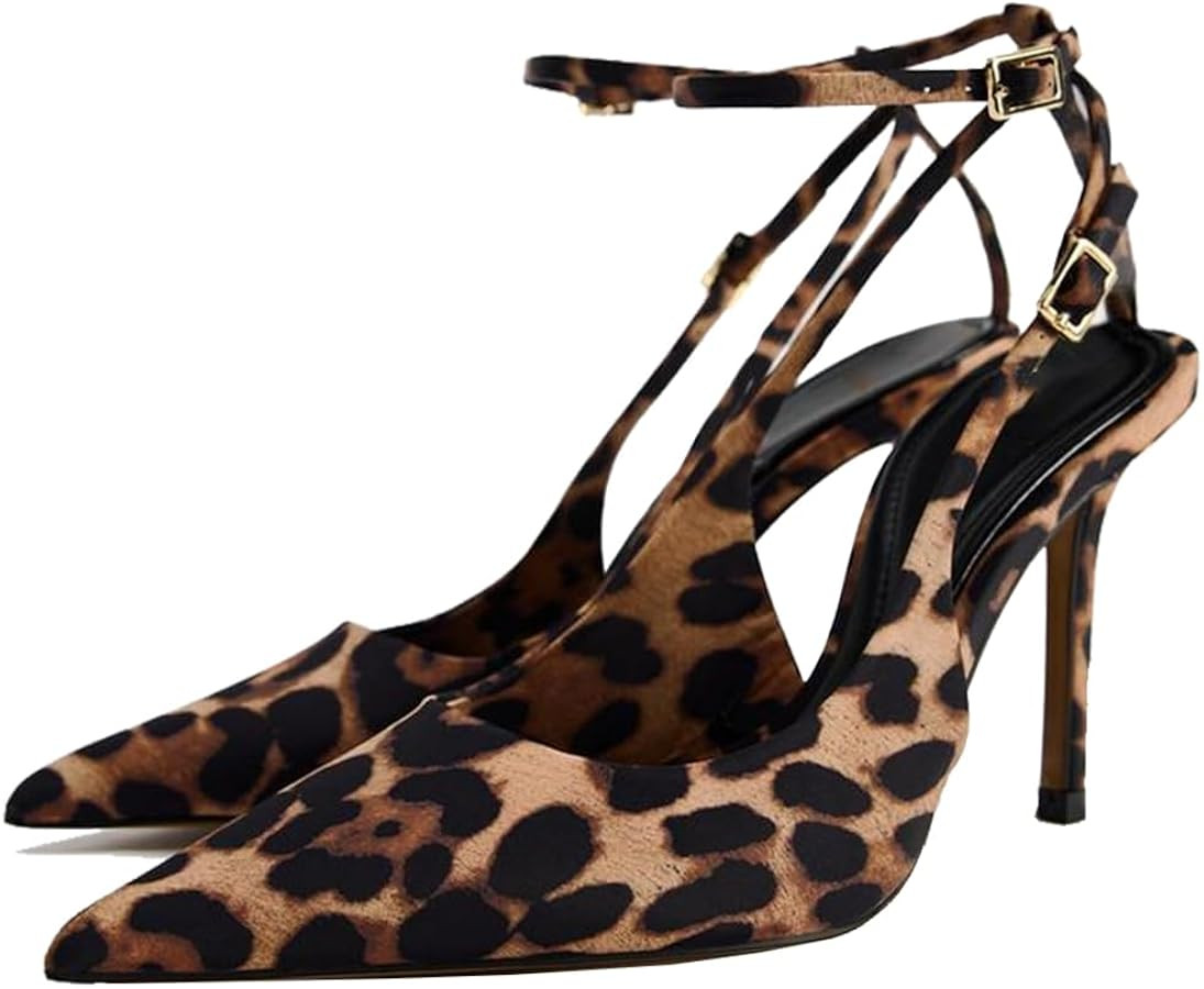 YIYA Women's Leopard Print Slingback Kitten Heels Pumps Sexy Pointed Toe Stiletto High Heels Ankl... | Amazon (US)