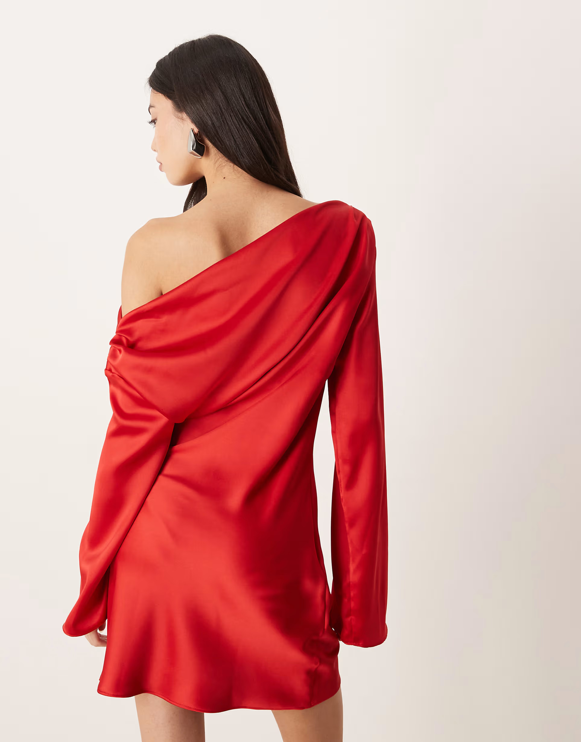 ASOS DESIGN satin drape long sleeve off shoulder mini dress in red | ASOS (Global)