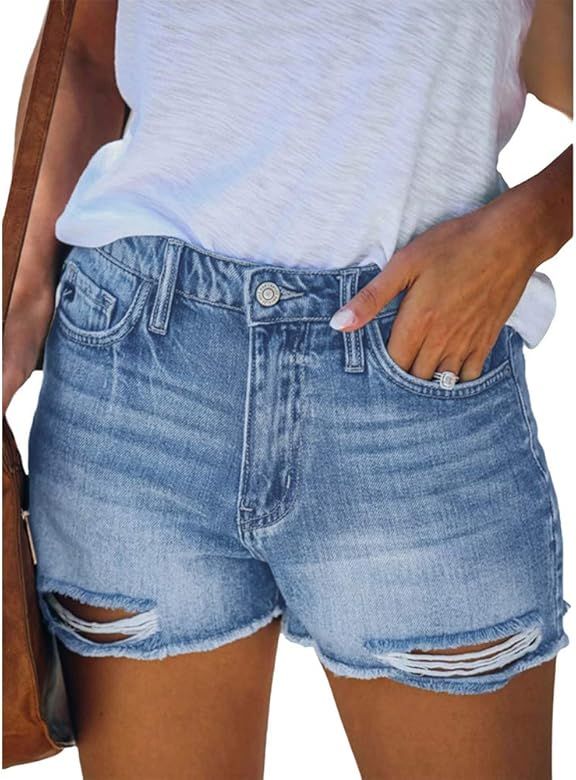 Women’s Casual Jean Shorts High Waisted Rolled Hem Patchwork Ripped Denim Shorts with Pockets | Amazon (US)