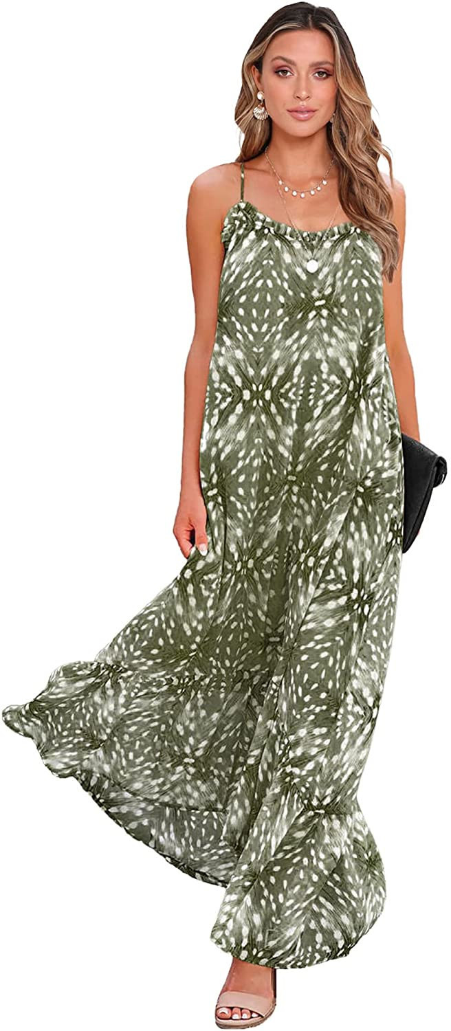 BTFBM Women Casual Summer Dresses 2023 Spaghetti Strap Sleeveless Sundress Print Ruffle Flowy Boh... | Amazon (US)