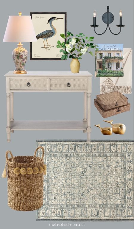 Spring mood board: a charming layered look.

Two Drawer Console with Shelf and Cane Detail (multiple color options)
Floral Chinoiserie Table Lamp with Brass
Patterned Rug
Heron Art Print in Frame
Textured Solid Throw Blanket
Patina Homes Book
Lidded Shallow Storage Baskets (set of 2)
Brass Whale Objects
Black Candle Wall Light
Lilac Artificial Flower Arrangement
Pom Pom Basket