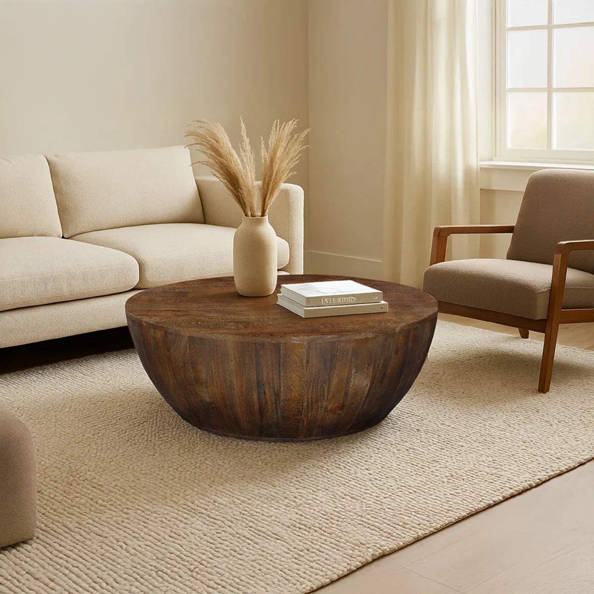 Arthur  Coffee Table | 35.5" Round Top | Drum Shaped Sandblasted walnut Brown Mango Wood | Wayfair North America